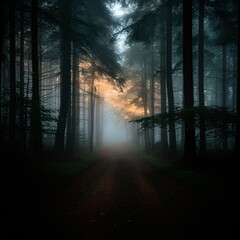 Fototapeta premium Mysterious forest with mist and glowing light