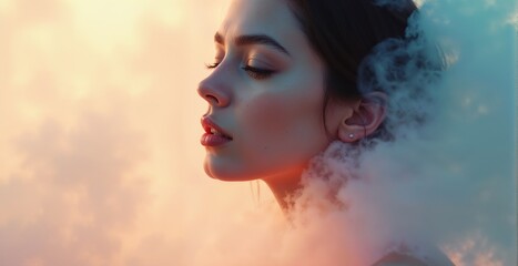 Portrait of a girl in smoke, close-up, pastel colors