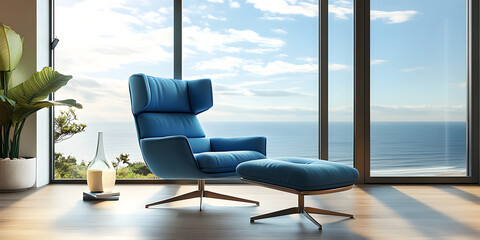 Blue modern armchair and footrest in bright interior with large window and sea view, render, modern, armchair, footrest