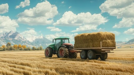 Obraz premium A tractor pulling a hay-filled trailer across a farm field, emphasizing agriculture and rural work.
