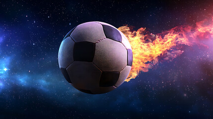 Naklejka premium Soccer ball soaring through a cosmic fire trail
