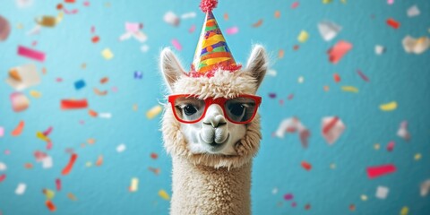 Fototapeta premium Llama in party hat and glasses