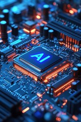 Fototapeta premium Close-up of a Futuristic AI Processor on a Circuit Board with Glowing Orange and Blue Lights