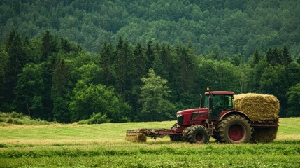 Obraz premium Agricultural tractor hauling hay, set in a green field, representing farm life and hard work.