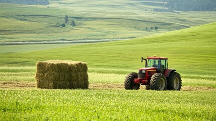 Obraz premium Agricultural tractor hauling hay, set in a green field, representing farm life and hard work.
