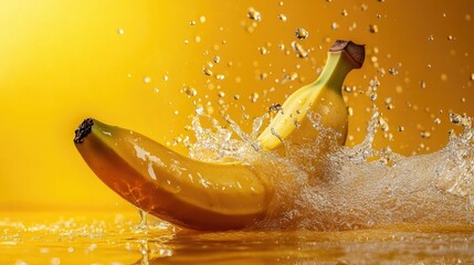 Bright yellow banana creating a splash in water, droplets captured mid-air, symbolizing freshness and vitality.