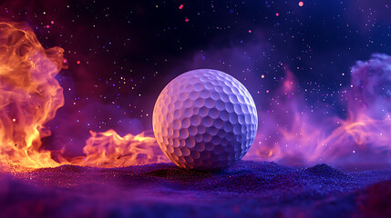 Golf ball amidst cosmic flames and vibrant colors