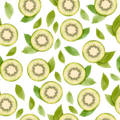 Fototapeta premium Watercolor seamless pattern with kiwi fruit whith leafs on white background. Hand drawn watercolor illustration. 
