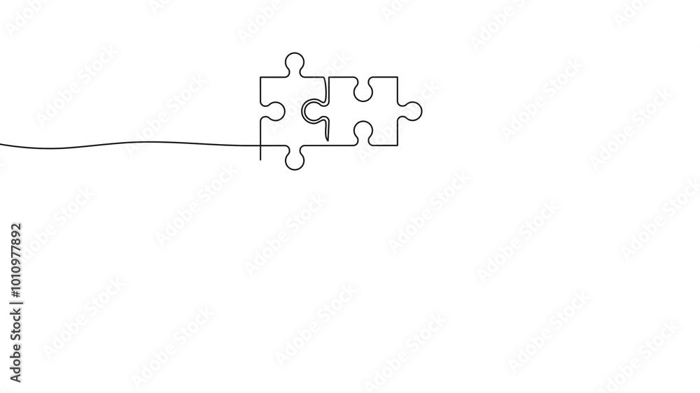 Poster one continuous line illustration of hand putting jigsaw puzzle pieces together. continuous line draw