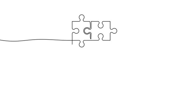 One continuous line illustration of hand putting jigsaw puzzle pieces together. Continuous line drawing of hand and jigsaw puzzles elements. 4K video animation with alpha channel.