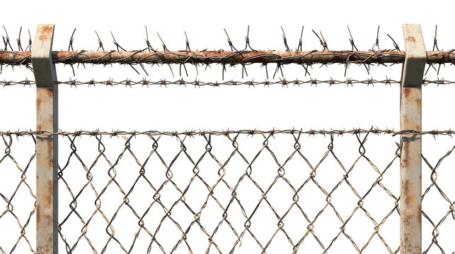 High-security barbed wire fence isolated on transparent background, , clipping paths for design and decoration