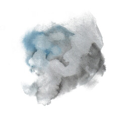 Set of water splashes and droplets, sea waves in blue, light blue, grey colors. Watercolor fills in handdrawn painted. It will be use as transparent cloud, backgrounds of water stains in cat series