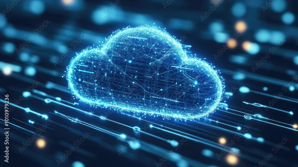 Poster cloud with connected network lines, representing future technology, communication, and digital netwo