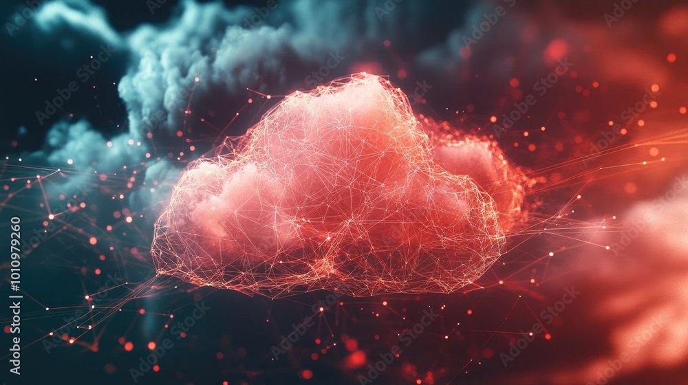 Poster cloud with connected network lines, representing future technology, communication, and digital netwo