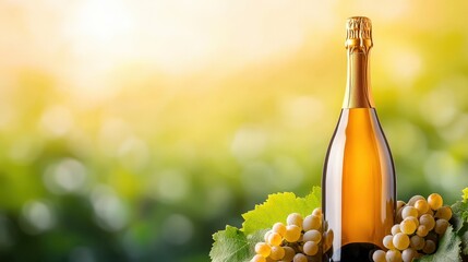 Fototapeta premium Sparkling Wine Bottle with Grapes in Vineyard Setting