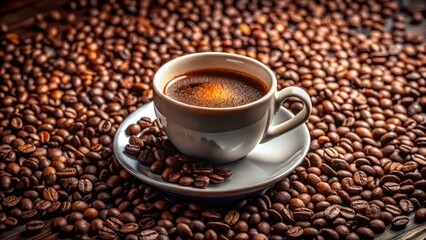 Fototapeta premium A freshly brewed coffee cup surrounded by aromatic beans creates the perfect ambiance for cozy mornings and peaceful
