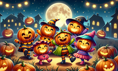 Comic - viele bunte Kürbis-Kinder tanzen fröhlich durch die Halloween Nacht