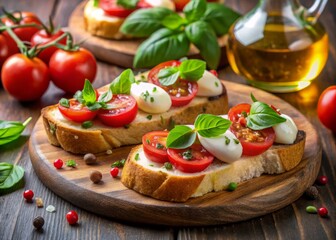Savor this delicious bruschetta caprese topped with fresh basil, ripe tomatoes, mozzarella, a drizzle of olive oil,