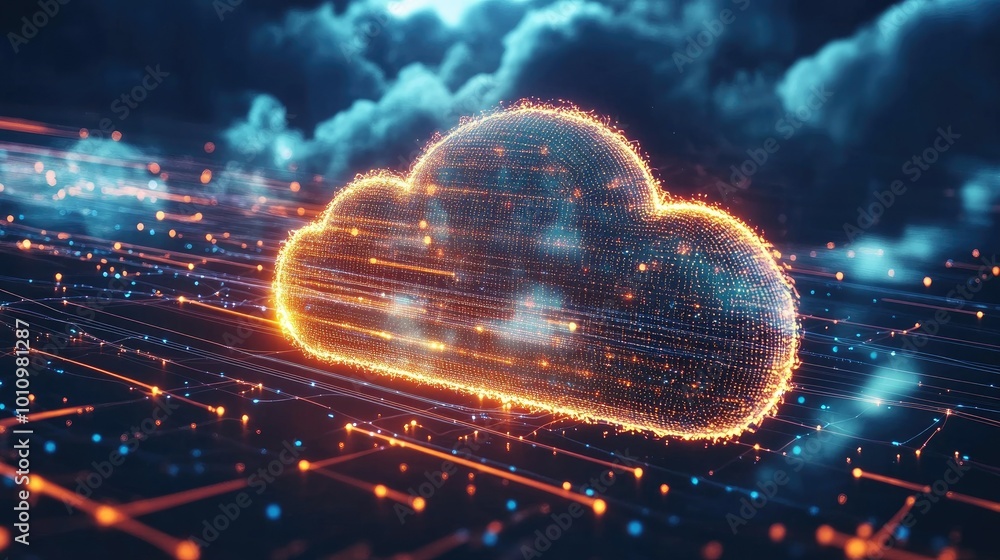 Poster digital cloud computing concept, network lines and glowing nodes, showing global technology connecti