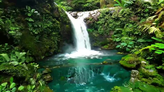 Aerial footage capturing beauty oft ropical land waterfall where water cascades rapidly rocks surrounded lush vegetation rainforest stunning natural landscape of mountain valley viewed fromsport drone
