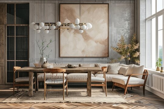 Scandinavian Living Room Interior with Rustic Furniture and Modern Art Poster