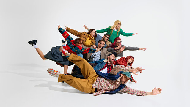 Chaotic scene of crazy people, energetic shoppers showing excitement and madness about giant sales in stores, rushing forward to get the best deals. Concept of Black Friday, Cyber Monday, shopping