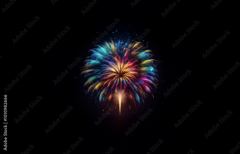 Poster a single firework explodes in a burst of colorful light against a dark night sky.