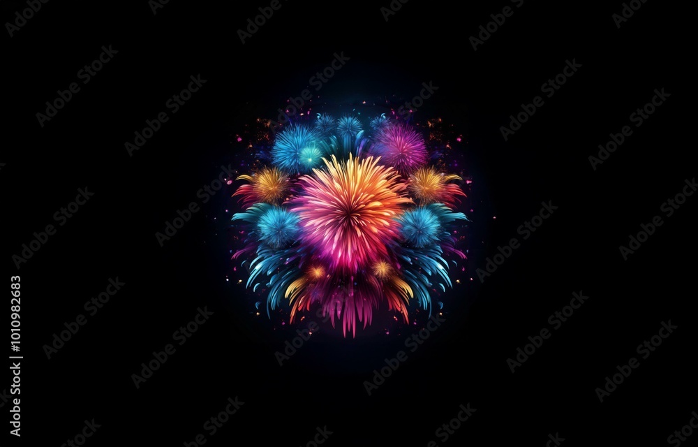 Poster colorful fireworks explode against a black background, creating a vibrant and festive display.