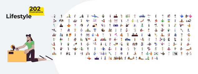 Multicultural lifestyle cartoon flat illustrations mega bundle. Construction workers. 90s retro. Psychology. Diwali. Musicians people 2D images isolated on white. Collection vector drawings colorful