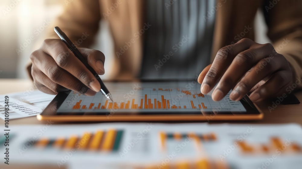 Poster a professional analyzing data on a tablet, surrounded by graphs and charts, highlighting business pe