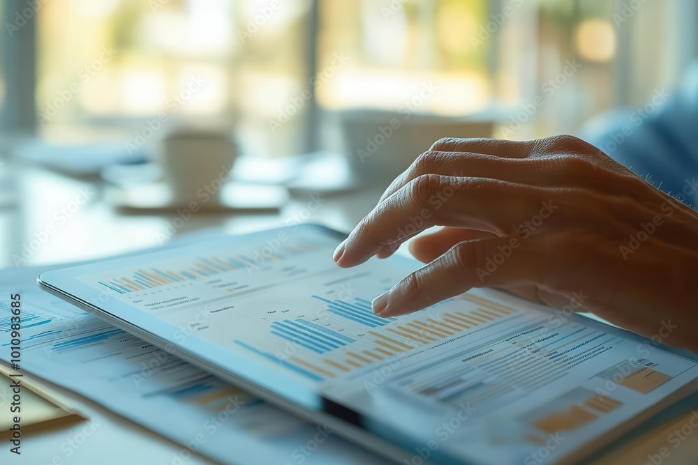 Poster a professional analyzing data on a tablet, showcasing graphs and charts in a bright office environme