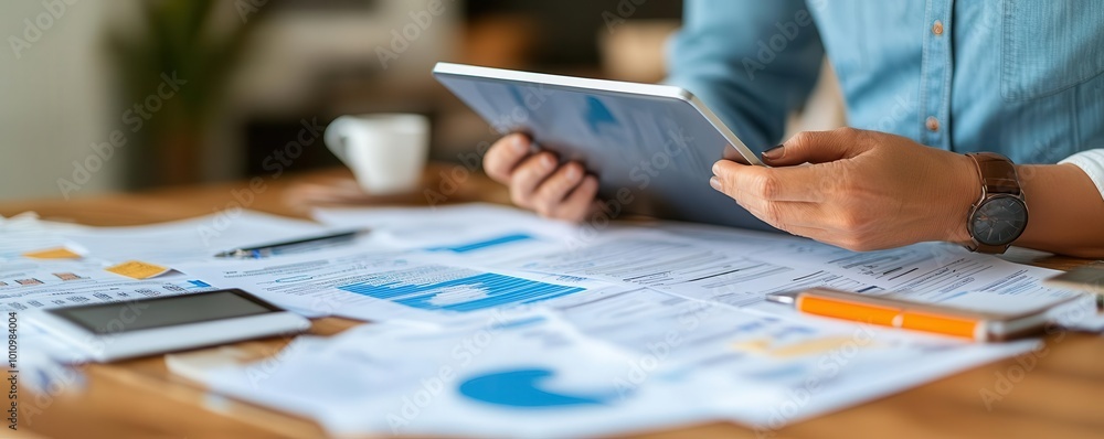Aufkleber a professional analyzing data on a tablet while surrounded by business charts and papers on a desk, 
