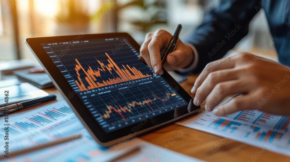 Poster a professional analyzing financial data on a tablet, with graphs and charts in a modern workspace.