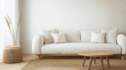 Minimalist Living Room Interior with White Sofa and Wooden Coffee Table