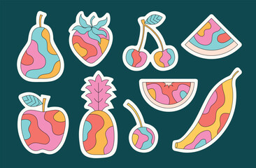 Groovy bright cartoon style fruit stickers. Hippie 60s, 70s style strawberry, pear, apple, pineapple, cherry, citrus, banana stickers sheet