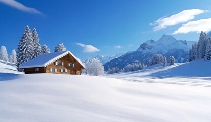 Picturesque Winter Scene of the Alps with Snow-Covered Mountains and Cozy Wooden Chalets Nestled in Their Valleys
