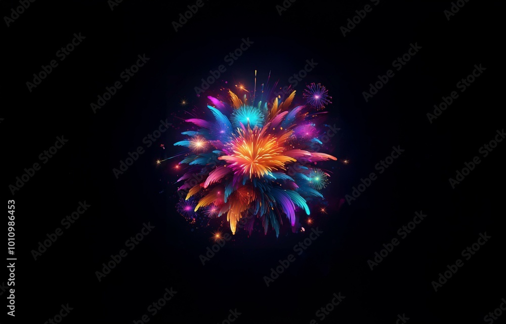 Poster a burst of colorful fireworks explodes against a black background.