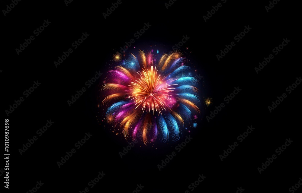Poster A colorful fireworks display explodes against a dark night sky, with bright sparks and trails radiating outward in a circular pattern.