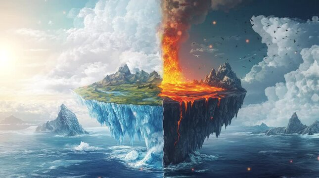 The landscape of volcanoes and icebergs becomes one island in the middle of the sea. Virtual 4K video animation background with looping time lapse with very smooth graphics.