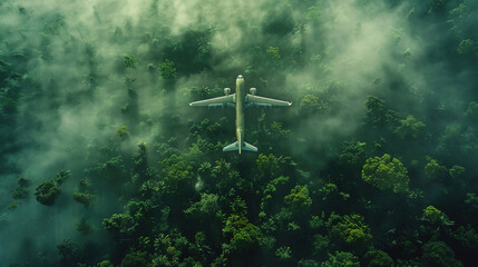 Naklejka premium A cinematic shot of airplane flying over above the misty forest