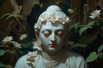 A serene Buddha Siddhartha Gautama statue head adorned with white lotus flowers. Tranquil ethereal dark atmosphere Buddhist meditation sculpture. Spiritual enlightenment religion illustration.