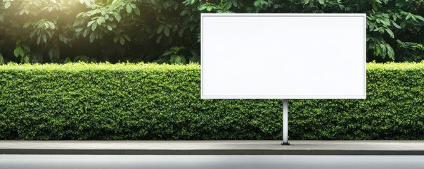A blank billboard stands against a lush green hedge, ready for advertising or creative messages. Perfect for marketing concepts.