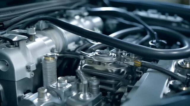 Multiple shots showcase a clean, modern car engine, highlighting intricate details and advanced automotive technology