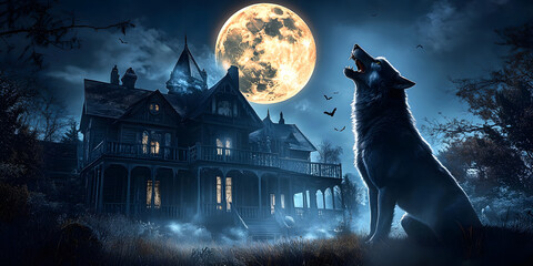 Naklejka premium Howling werewolf under full moon in front of haunted house, werewolf, full moon, howling, haunted house, spooky