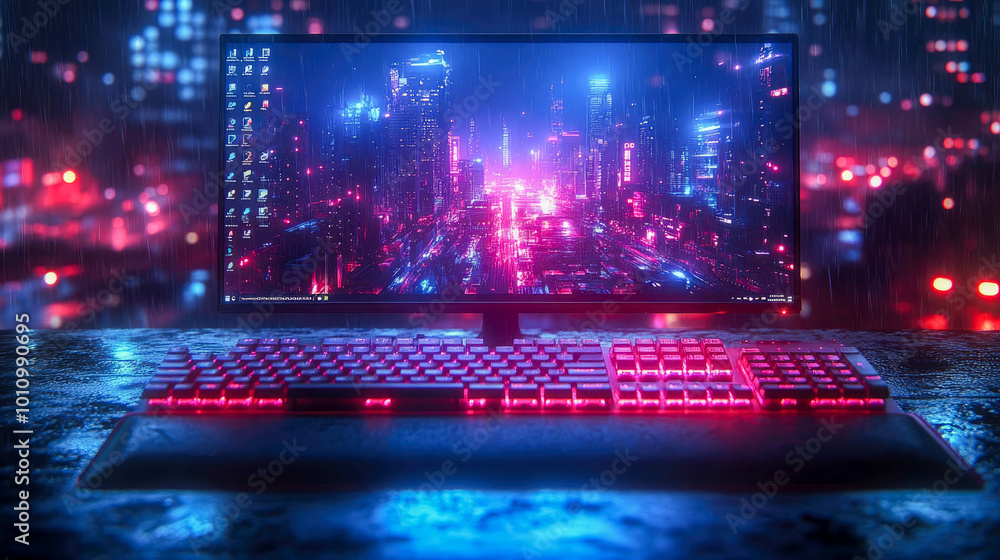 Poster a powerful desktop computer on a clean desk with a vibrant sunset background on the monitor