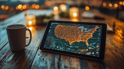A tablet shows a detailed map of the U.S. on a wooden table in a cozy setting
