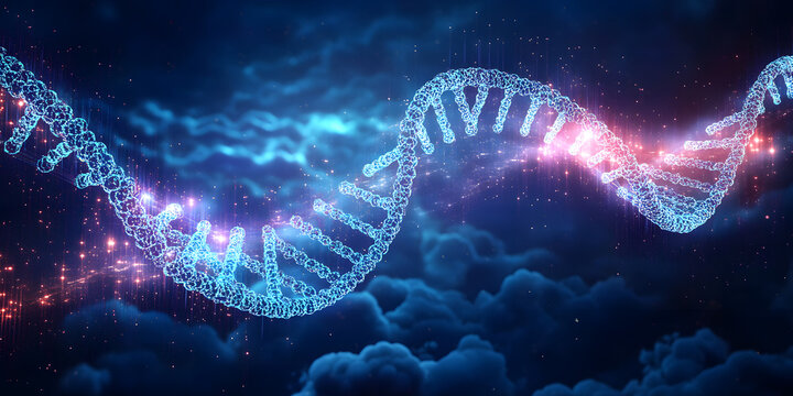 Abstract DNA helix emerging from binary code cloud, genetic, information, digitalization, glowing, pattern, technology