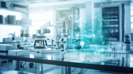 A meticulously organized lab table blends with digital graphics, symbolizing innovation at the crossroads of science and technology.