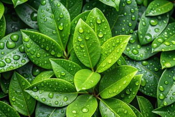 Fototapeta premium Vibrant green leaves adorned with glistening water droplets showcase nature's beauty, ideal for eco-friendly themes and