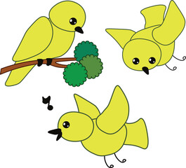 yellow cute canary birds. Set of vector illustrations in cartoon style